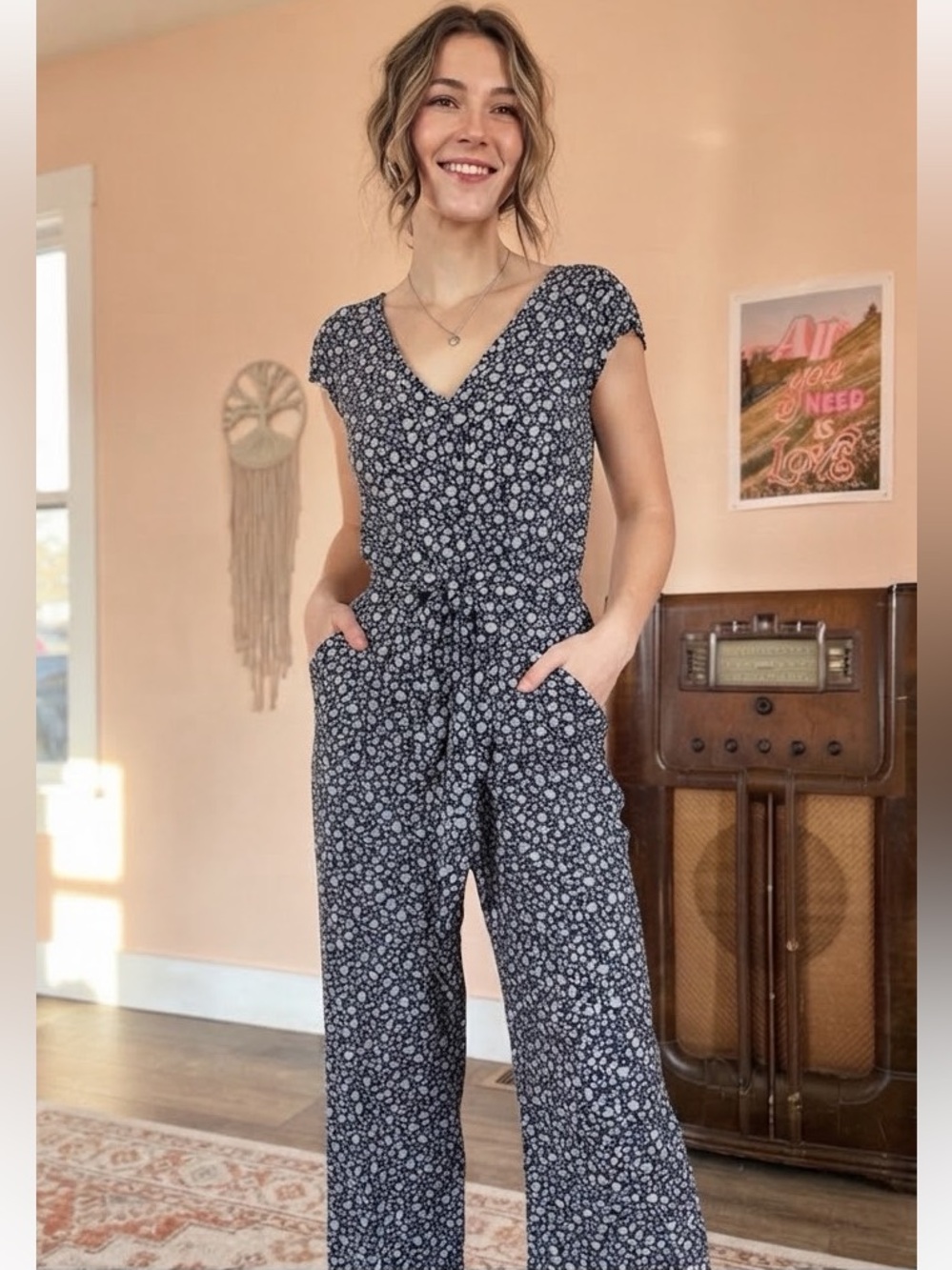 American eagle navy blue and white ditsy floral patterned jumpsuit S